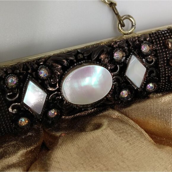 EUC VINTAGE FAYE MELLE Original Rhinestone Mother of Pearl Fluffy Gold Clutch - Picture 2 of 16